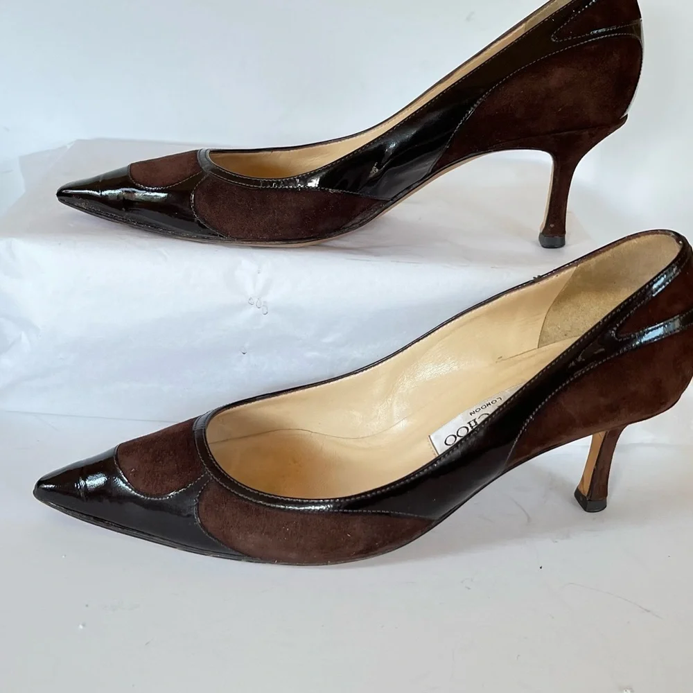 Jimmy Choo brown suede patent leather kitten heels 37.5